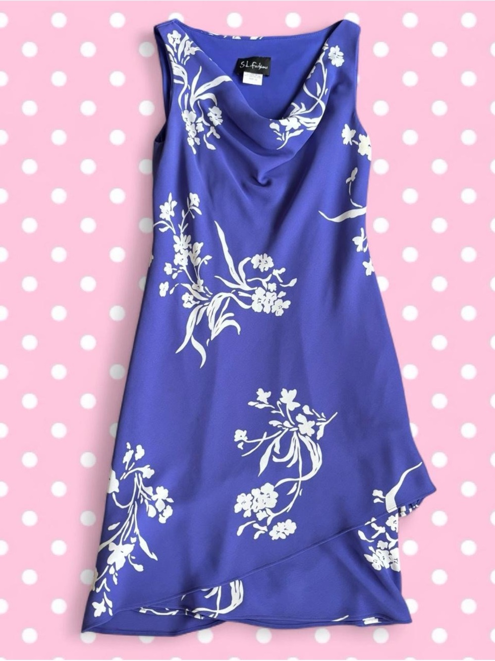 S.L. Fashions Royal Blue and White Floral Cowl Neck Dress